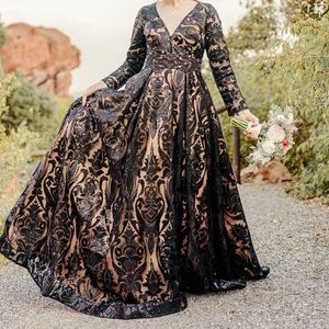 Mac Duggal Sequin Burnout Damask Ball Gown